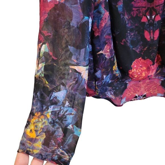 Nicole Miller Sz M Floral Semi Sheer LS Faux Wrap Hi Lo Collared Blouse Pocket - Picture 6 of 8